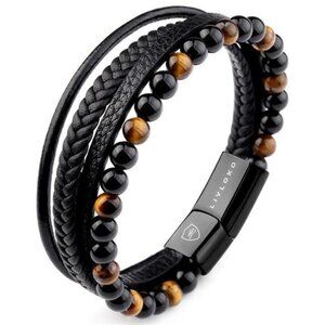Mens Leather Bracelet Tiger Eye Black Agate Bead Viking Magnetic Clasp